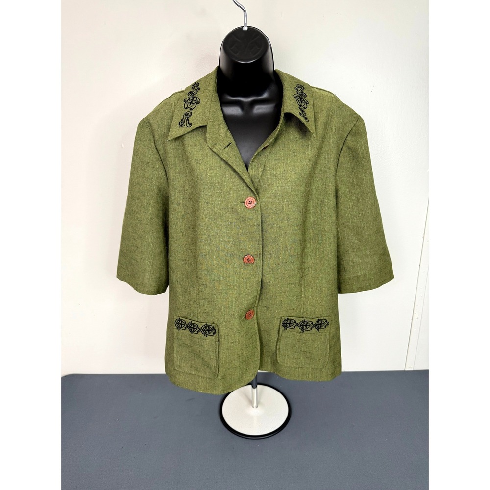 Sag Harbor Jacket Womens 18 Olive Green Short Sleeve Embroidered Button Front